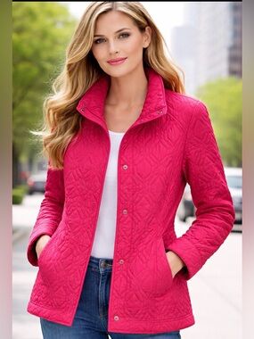 Lands' End Women's Quilted Hot Pink Snap-Front Jacket can (2-4)